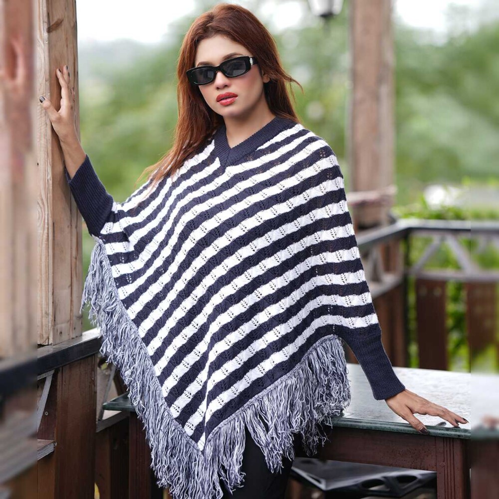 Women’s Black & White Striped Knit Poncho - Image 2