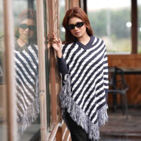 Women’s Black & White Striped Knit Poncho