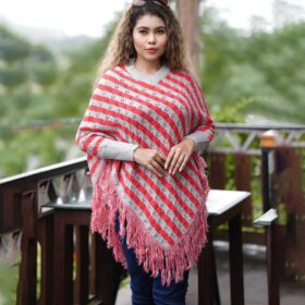 Women’s Red & Grey Striped Knit Poncho