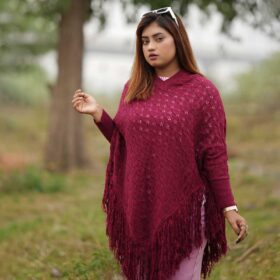 Women’s Stylish Maroon Fringe Poncho