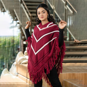 Maroon & White Chevron Knit Fringed Poncho