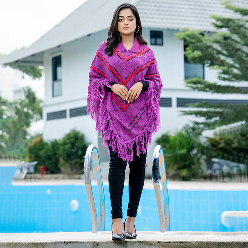 Women’s Violet Chevron Fringe Poncho - Image 4