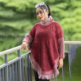 Premium Maroon & White Knit Poncho for Women