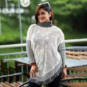 Elegant White & Black Knit Poncho for Women